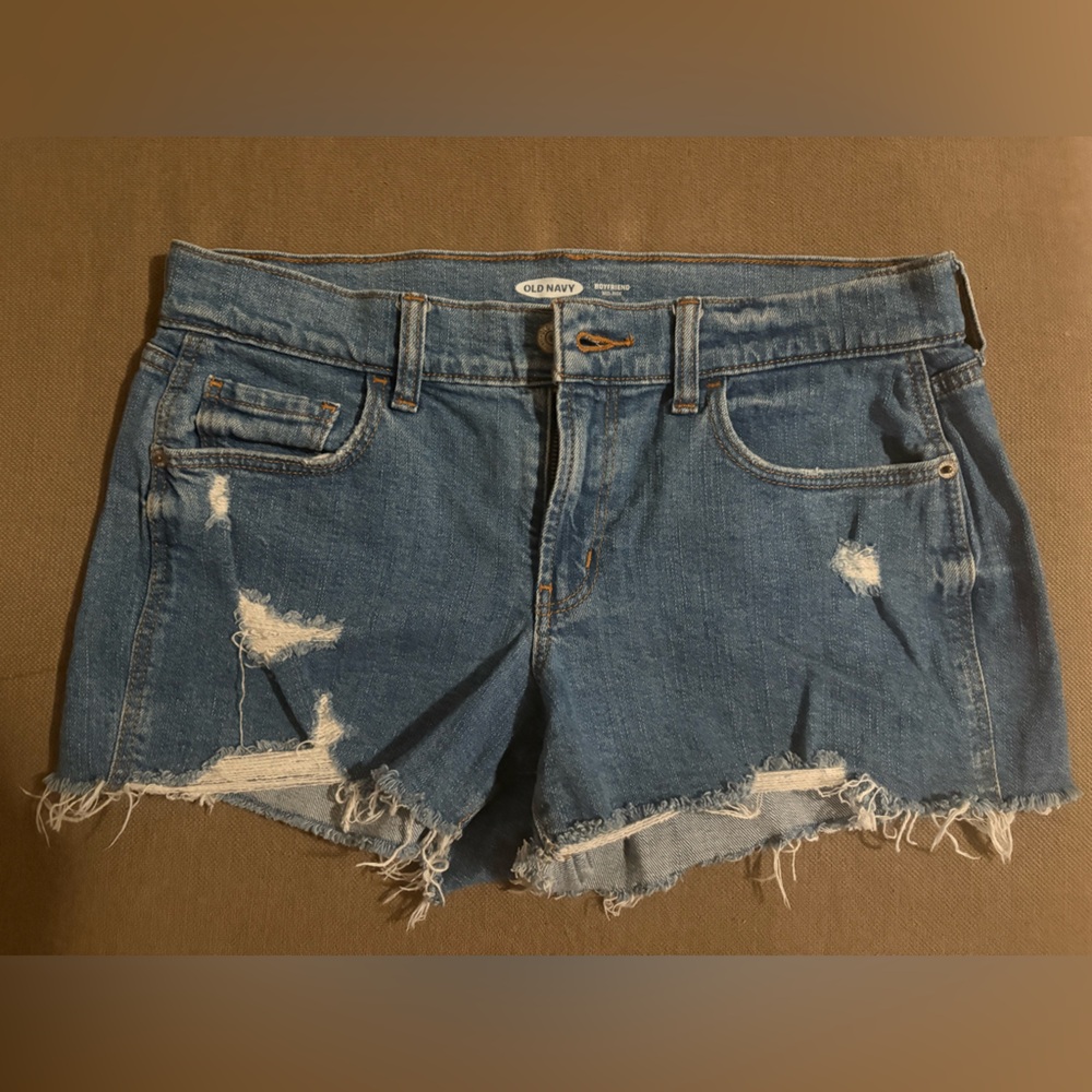 Old Navy Woman’s S 2 Boyfriend Mid Rise Distressed Frayed Hem Blue Jean Shorts